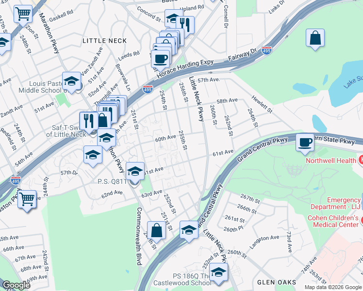 map of restaurants, bars, coffee shops, grocery stores, and more near 60-24 255th Street in Queens