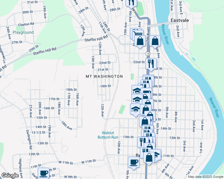 map of restaurants, bars, coffee shops, grocery stores, and more near 1819 19th Street in Beaver Falls