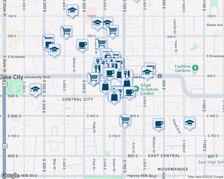 map of restaurants, bars, coffee shops, grocery stores, and more near 738 South Green Street in Salt Lake City