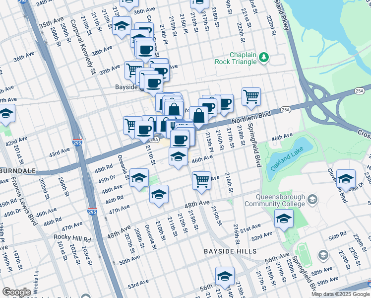 map of restaurants, bars, coffee shops, grocery stores, and more near 45-30 Bell Boulevard in Queens