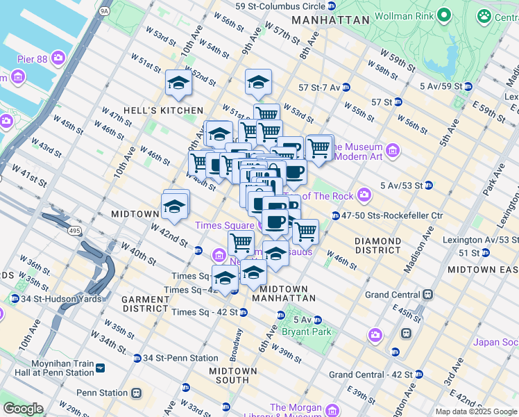 map of restaurants, bars, coffee shops, grocery stores, and more near 205 West 46th Street in New York