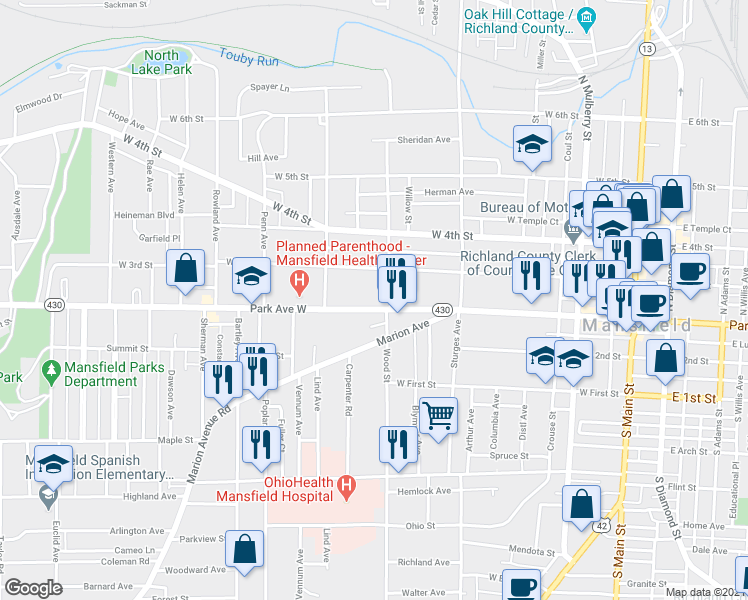 map of restaurants, bars, coffee shops, grocery stores, and more near 308 Park Avenue West in Mansfield