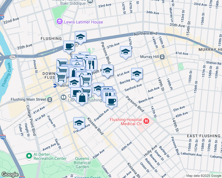 map of restaurants, bars, coffee shops, grocery stores, and more near 143-29 Barclay Avenue in Queens