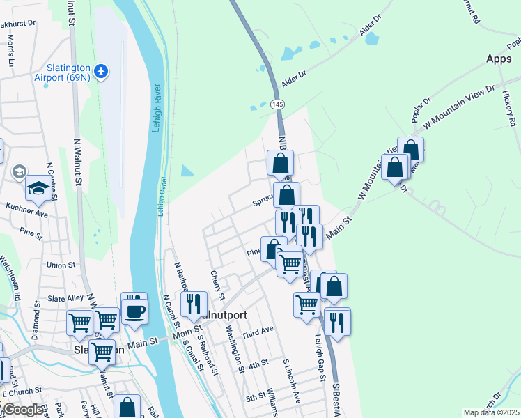 map of restaurants, bars, coffee shops, grocery stores, and more near 356 Spruce Street in Walnutport