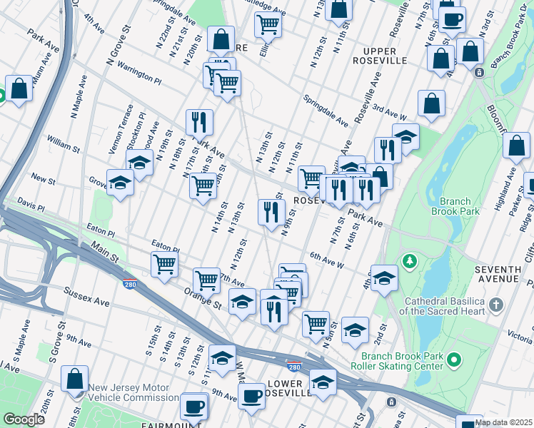 map of restaurants, bars, coffee shops, grocery stores, and more near 114-120 North 11th Street in Newark