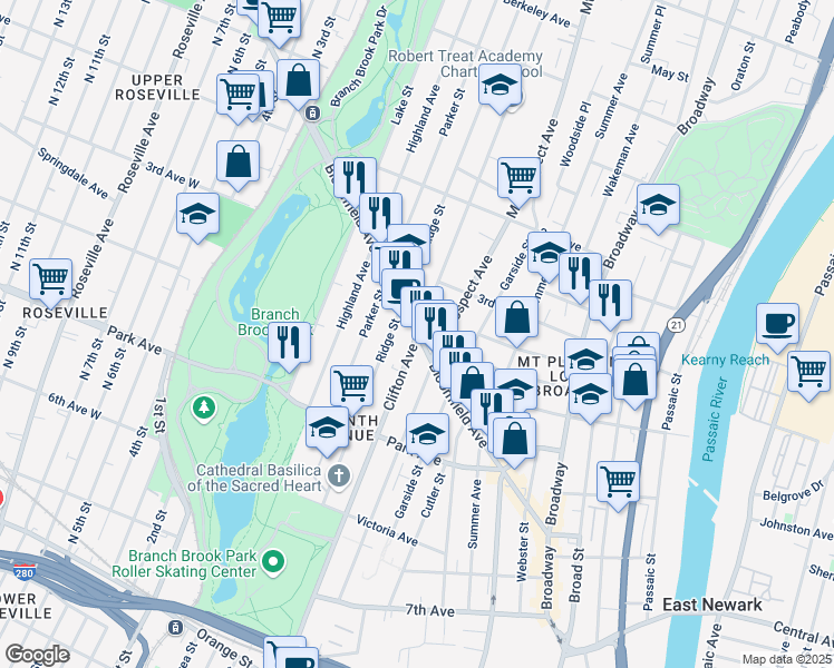 map of restaurants, bars, coffee shops, grocery stores, and more near Bloomfield Avenue & Clifton Avenue in Newark