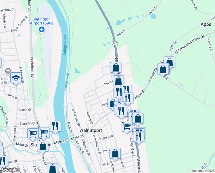 map of restaurants, bars, coffee shops, grocery stores, and more near 356 Spruce Street in Walnutport
