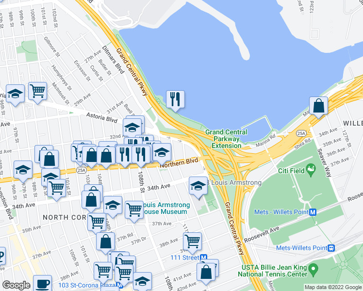 map of restaurants, bars, coffee shops, grocery stores, and more near 112-24 Astoria Boulevard in Queens