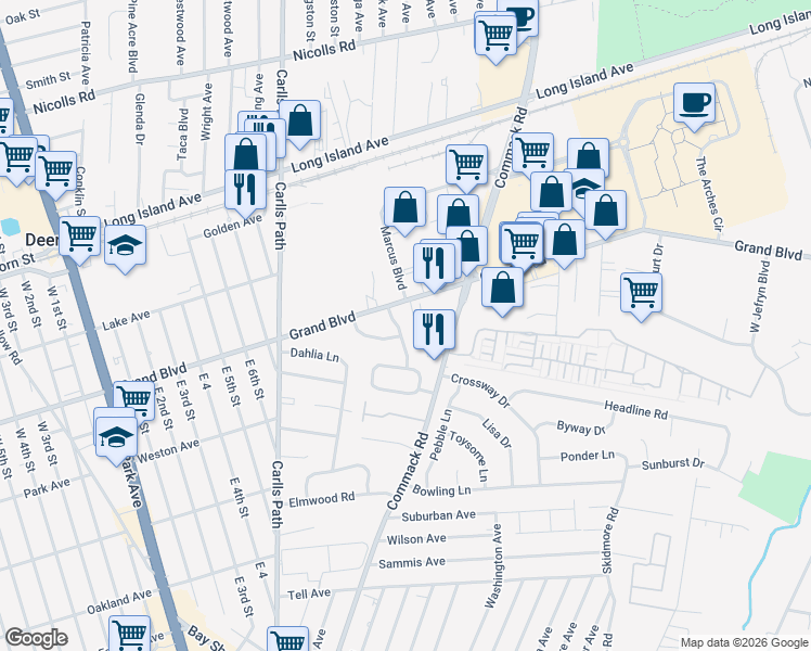 map of restaurants, bars, coffee shops, grocery stores, and more near 680 Grand Boulevard in Deer Park