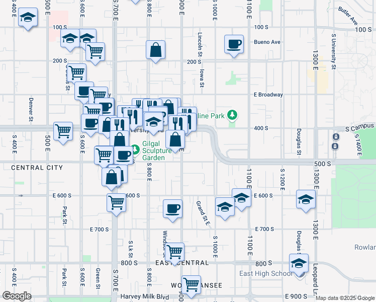 map of restaurants, bars, coffee shops, grocery stores, and more near 444 900 East in Salt Lake City