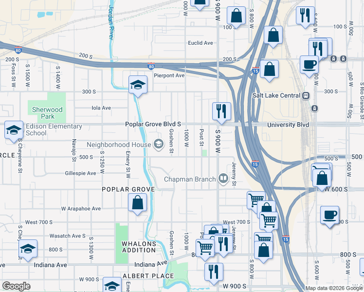 map of restaurants, bars, coffee shops, grocery stores, and more near 447 1000 west in Salt Lake City