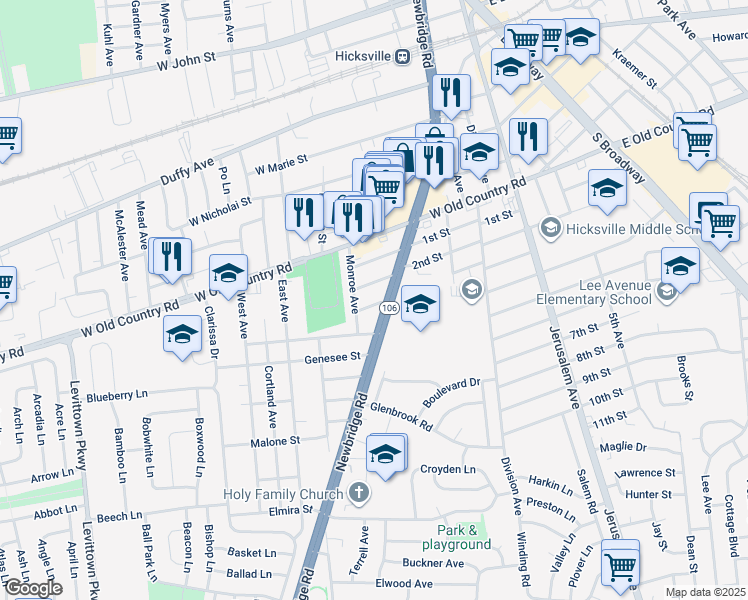 map of restaurants, bars, coffee shops, grocery stores, and more near 11 Hudson Street in Hicksville