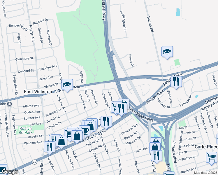 map of restaurants, bars, coffee shops, grocery stores, and more near 198 Hillside Avenue in Mineola
