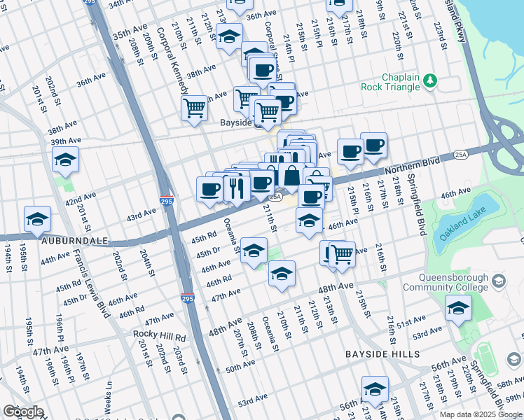 map of restaurants, bars, coffee shops, grocery stores, and more near 211-02 Northern Boulevard in Queens