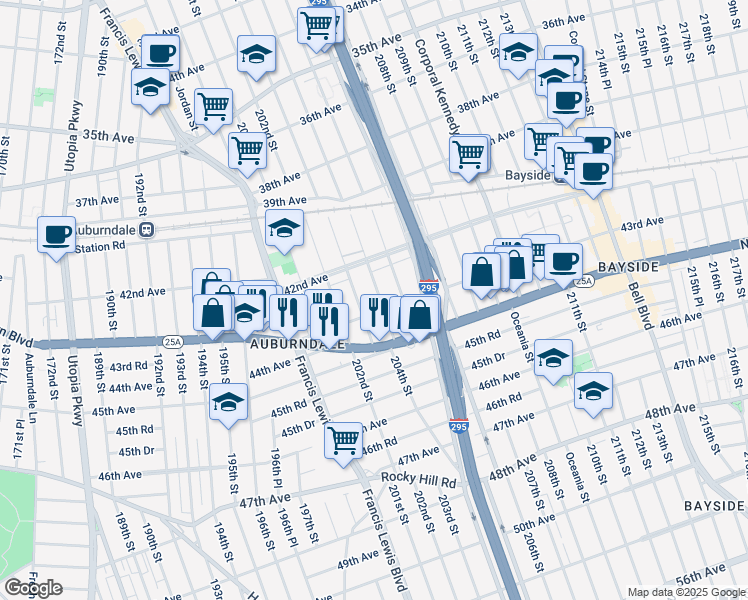 map of restaurants, bars, coffee shops, grocery stores, and more near 42-29 203rd Street in Queens
