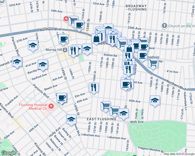 map of restaurants, bars, coffee shops, grocery stores, and more near 42-60 157th Street in Queens