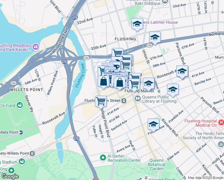 map of restaurants, bars, coffee shops, grocery stores, and more near 133-42 39th Avenue in Queens
