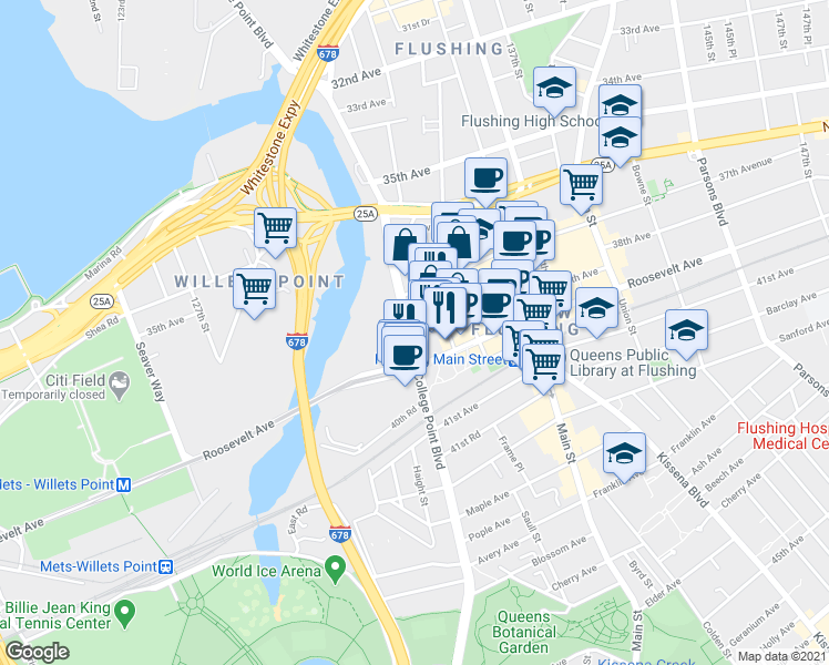map of restaurants, bars, coffee shops, grocery stores, and more near 37-25 College Point Boulevard in Queens