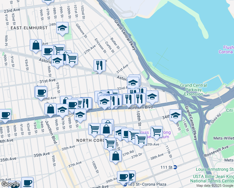 map of restaurants, bars, coffee shops, grocery stores, and more near 104-06 32nd Avenue in Queens