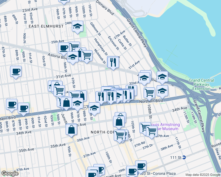 map of restaurants, bars, coffee shops, grocery stores, and more near 31-63 103rd Street in Queens