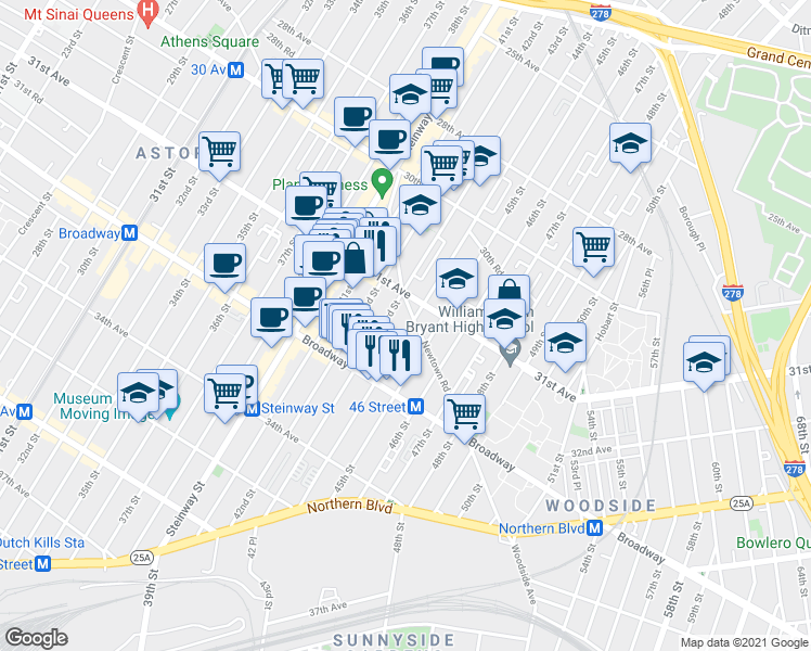 map of restaurants, bars, coffee shops, grocery stores, and more near 31-09 44th Street in Queens
