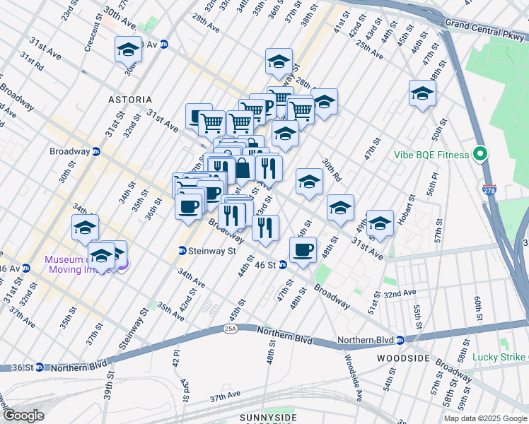 map of restaurants, bars, coffee shops, grocery stores, and more near 31-30 43rd Street in Queens