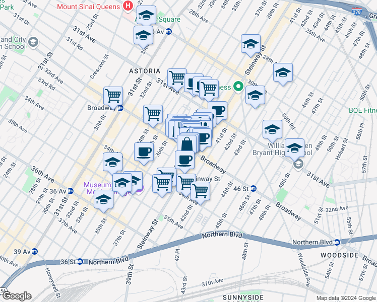 map of restaurants, bars, coffee shops, grocery stores, and more near 37-15 Broadway in Queens