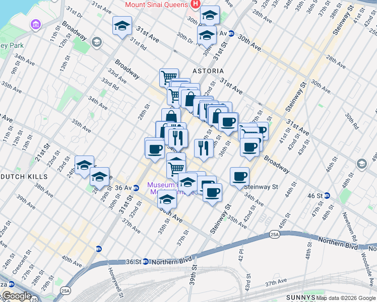 map of restaurants, bars, coffee shops, grocery stores, and more near 32-60 34th Street in Queens