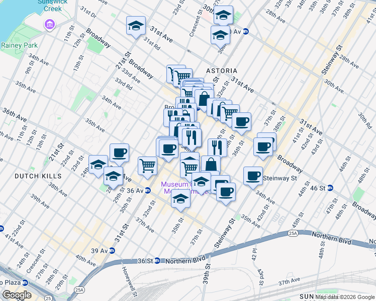 map of restaurants, bars, coffee shops, grocery stores, and more near 32-81 32nd Street in Queens