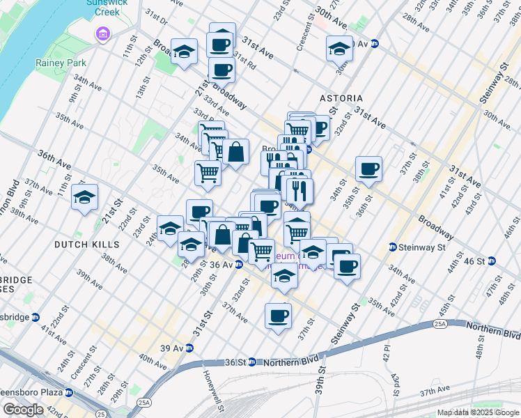 map of restaurants, bars, coffee shops, grocery stores, and more near 34-34 30th Street in Queens