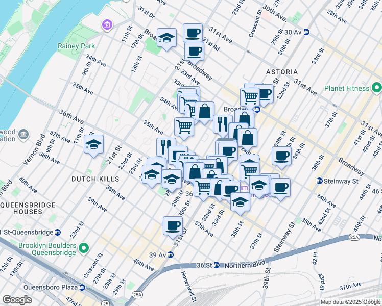 map of restaurants, bars, coffee shops, grocery stores, and more near 3449 28th Street in Queens