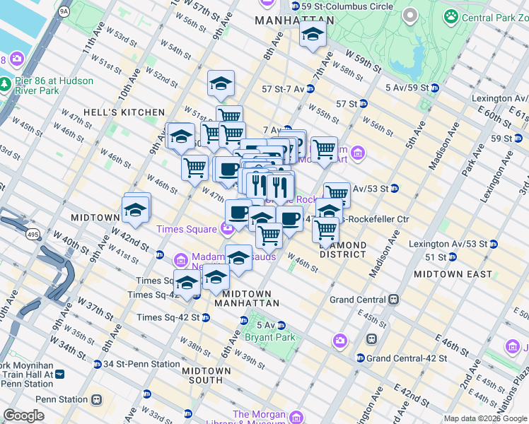 map of restaurants, bars, coffee shops, grocery stores, and more near 159w West 48th Street in New York
