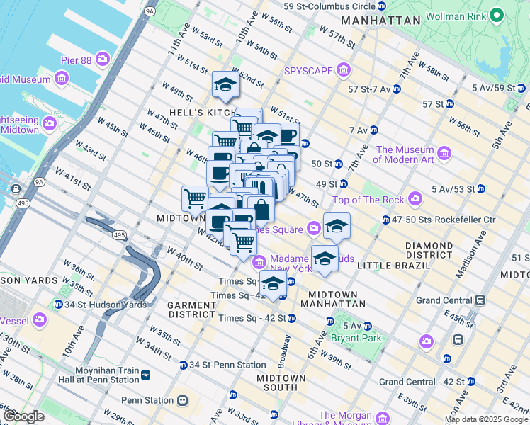 map of restaurants, bars, coffee shops, grocery stores, and more near 305 West 45th Street in New York