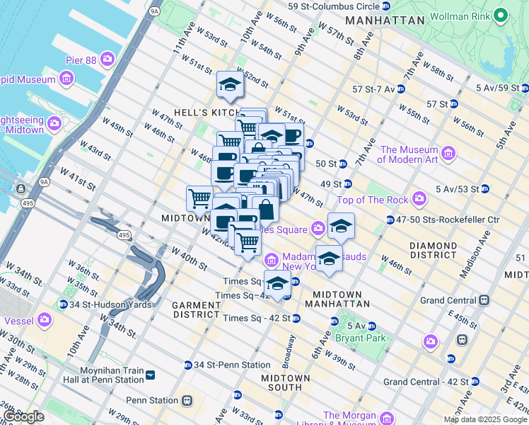 map of restaurants, bars, coffee shops, grocery stores, and more near 305 West 45th Street in New York