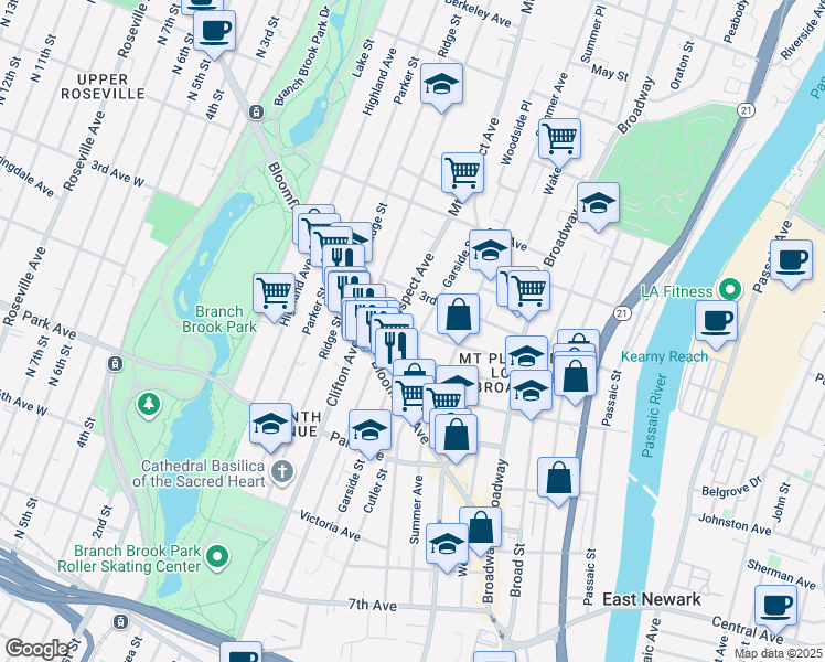 map of restaurants, bars, coffee shops, grocery stores, and more near 230 Garside Street in Newark