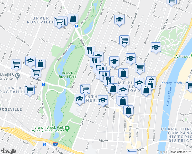 map of restaurants, bars, coffee shops, grocery stores, and more near 196 Ridge Street in Newark