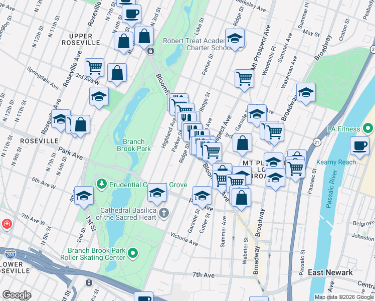 map of restaurants, bars, coffee shops, grocery stores, and more near 196 Ridge Street in Newark