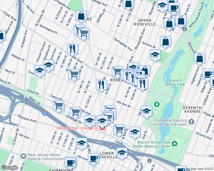 map of restaurants, bars, coffee shops, grocery stores, and more near 135 North 11th Street in Newark