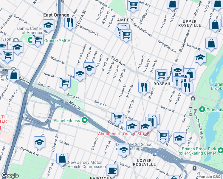 map of restaurants, bars, coffee shops, grocery stores, and more near 47 North 16th Street in East Orange