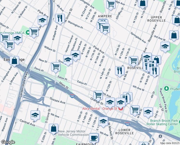 map of restaurants, bars, coffee shops, grocery stores, and more near 47 North 16th Street in East Orange