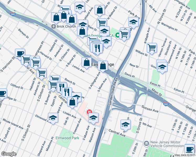 map of restaurants, bars, coffee shops, grocery stores, and more near 3 Lenox Avenue in East Orange
