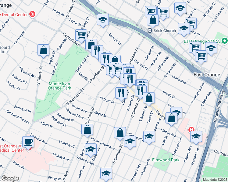 map of restaurants, bars, coffee shops, grocery stores, and more near 37 Cambridge Street in East Orange