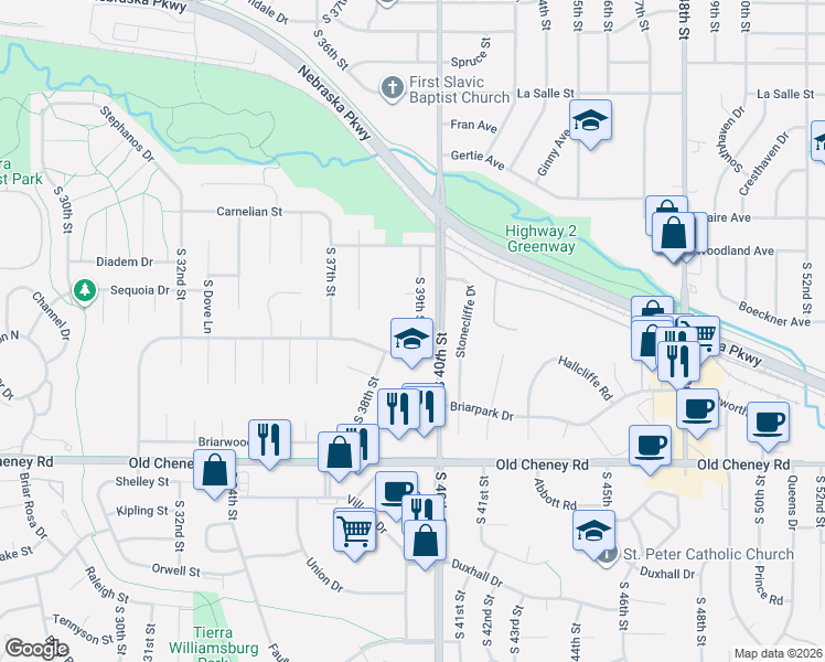 map of restaurants, bars, coffee shops, grocery stores, and more near 3840 Blackberry Circle in Lincoln