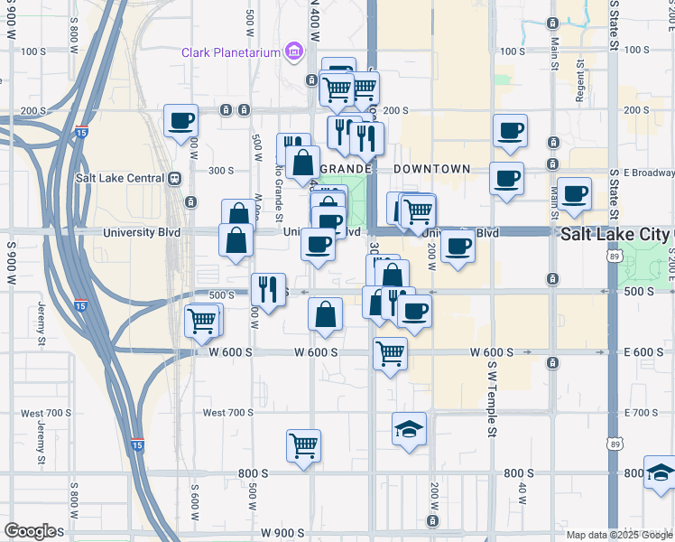 map of restaurants, bars, coffee shops, grocery stores, and more near 451 400 West in Salt Lake City
