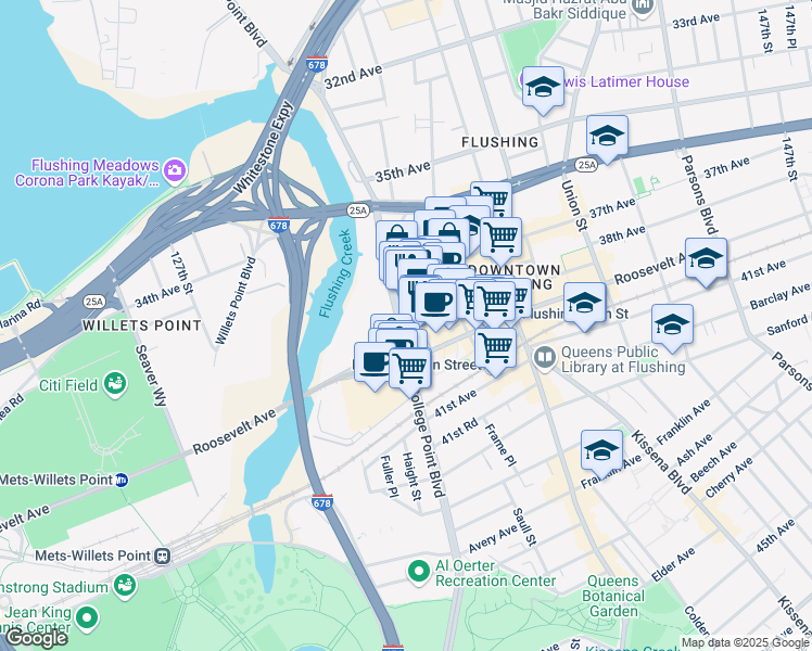 map of restaurants, bars, coffee shops, grocery stores, and more near 37-25 College Point Boulevard in Queens