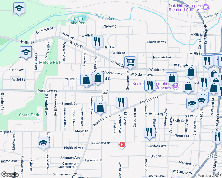 map of restaurants, bars, coffee shops, grocery stores, and more near 428 Park Avenue West in Mansfield