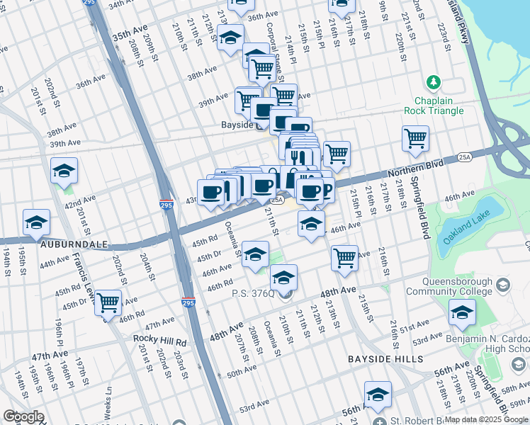 map of restaurants, bars, coffee shops, grocery stores, and more near 211-02 Northern Boulevard in Queens