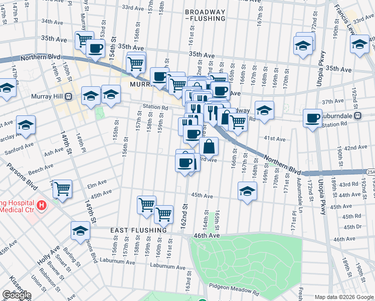 map of restaurants, bars, coffee shops, grocery stores, and more near 42-26 162nd Street in Queens