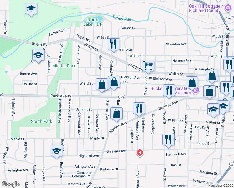 map of restaurants, bars, coffee shops, grocery stores, and more near 462 Park Avenue West in Mansfield