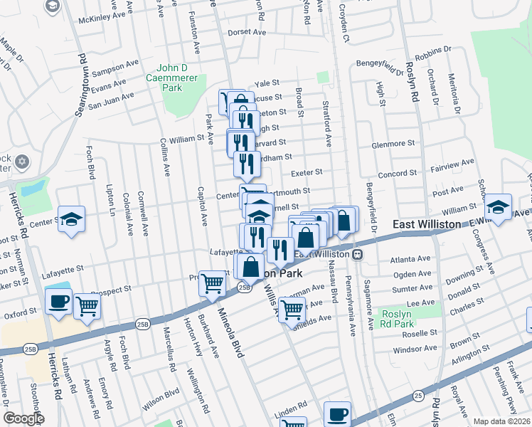 map of restaurants, bars, coffee shops, grocery stores, and more near 10 Cornell Street in Williston Park